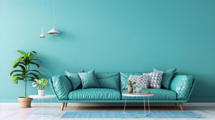 **3D rendering of a living room interior with a blue sofa, green plant, and white coffee table on a blue background in a minimalist style.** - obrazy, fototapety, plakaty