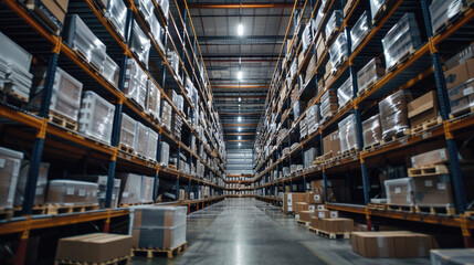A large warehouse with many boxes stacked on shelves