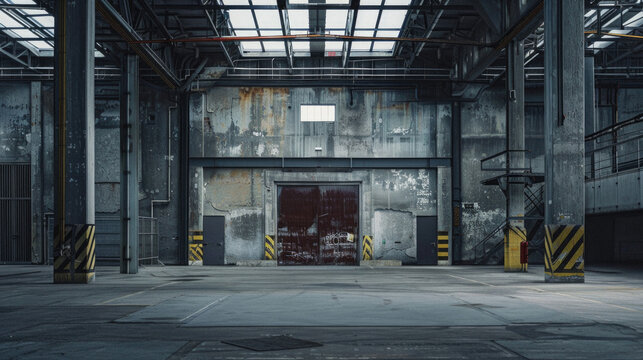 A large, empty warehouse with a red door and yellow and black stripes