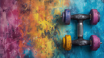 A pair of colorful dumbbells on a painted background in an artistic still life. - obrazy, fototapety, plakaty