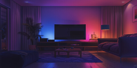 vibrant colors of purple blue and pink in a modern living room interior with a tv and a sofa