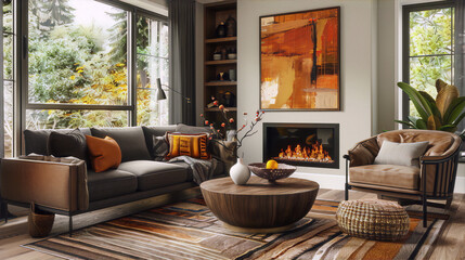 Modern living room interior with large windows, fireplace, coffee table, sofa, armchair, rug, plants and abstract painting in warm colors conveying coziness and comfort - obrazy, fototapety, plakaty