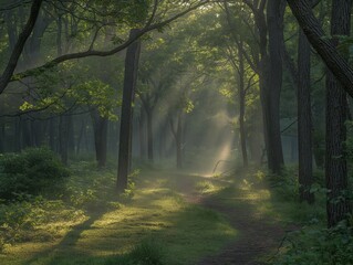 A forest path is illuminated by the sun, casting a warm glow on the trees and grass. The scene is peaceful and serene, with the sunlight filtering through the leaves and creating a sense of calm