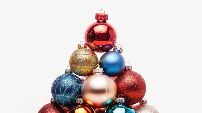 The image shows a number of variously-colored Christmas ornaments arranged on a blue surface to form the shape of a Christmas tree.

