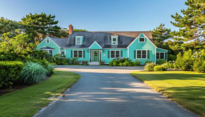 Fototapeta na wymiar Bright aqua Cape Cod style vacation home with a long, welcoming driveway. The top left corner of the image features copyspace for text.