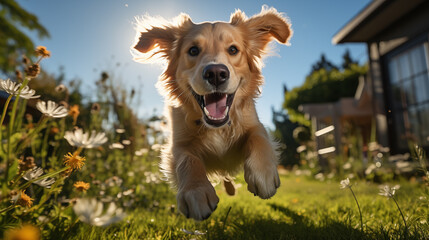 Happy running golden retriever plays on the backyard