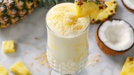 A tropical pineapple coconut smoothie, with fresh pineapple chunks, coconut milk, banana, and Greek...