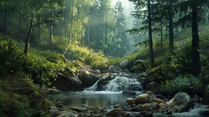 A stream flows through a woodland with rocks and trees