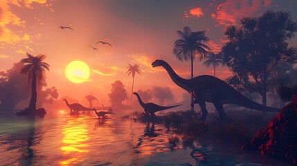 Serene Prehistoric Dinosaur Landscape at Sunset with Shimmering Lake