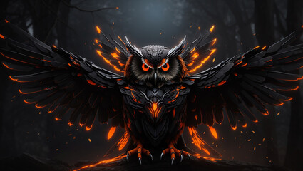 A dark owl with glowing orange eyes and wings made of fire.

 - obrazy, fototapety, plakaty