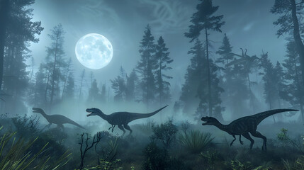 Stalking Velociraptors Hunting in Foggy Moonlit Forest