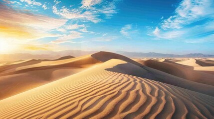 A vast desert landscape stretching to the horizon, where sand dunes ripple like waves in the...