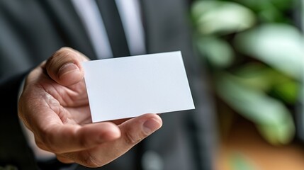 A man dressed in a neat suit holding a white business card in his hand. Close-up shot of business background.