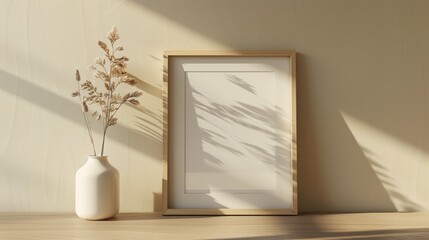 Warm sunlight bathes a wooden shelf displaying a minimalist vase with dried flowers and a blank picture frame, creating an inviting and peaceful atmosphere.