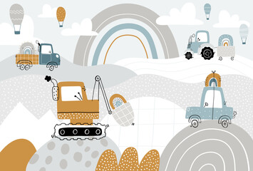 Vector children hand drawn cute construction cars, mountain landscape, balloons and clouds. Boho trendy design. Scandinavian. Illustration. Kids wallpaper design. Baby room design, wall decor, mural. © ZHUKO