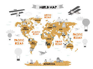 Vector world map for kids with cute animals. Children's map design for wallpaper, kid's room, wall art. America, Europa, Asia, Africa, Australia, Arctica. illustration. Animal world. Continents. © ZHUKO