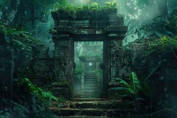 Fototapeta na wymiar A mysterious ancient stone gate in the enchanting jungle, surrounded by lush greenery and creatures hidden in the heart of the tropical rainforest.
