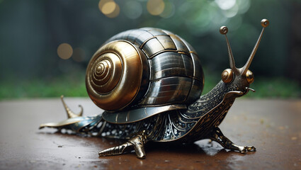 A silver and gold snail made of metal is sitting on a wooden table. It has two antennae and is looking to the right. The background is blurry and looks like a forest.

 - obrazy, fototapety, plakaty