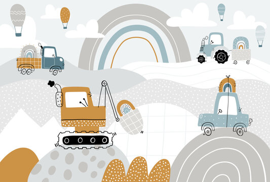 Fototapeta Vector children hand drawn cute construction cars, mountain landscape, balloons and clouds. Boho trendy design. Scandinavian. Illustration. Kids wallpaper design. Baby room design, wall decor, mural.