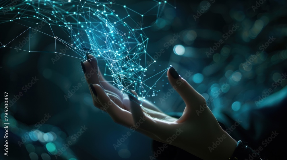 Aufkleber digital neural network.business woman hand touching introduction of artificial intelligence backgrou