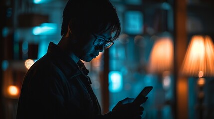 A young man wearing glasses is looking at his phone in a dark room. There are two warm-colored lights in the background.