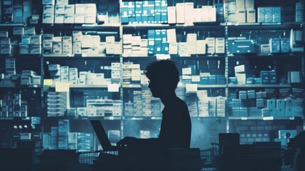 A young man wearing glasses is sitting in a dark warehouse illuminated by the blue light of his laptop screen.