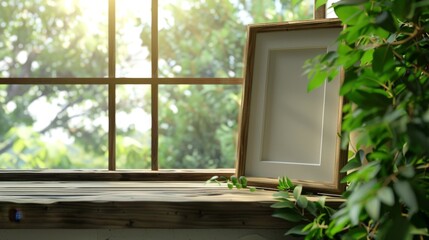 A tranquil corner beside a window with a wooden frame on a rustic sill, where sunlight and foliage intertwine to create a serene ambiance.