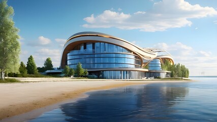 a luxurious 5 star hotel on the flat shore of the Volga river surrounded by birch forest - Generative AI