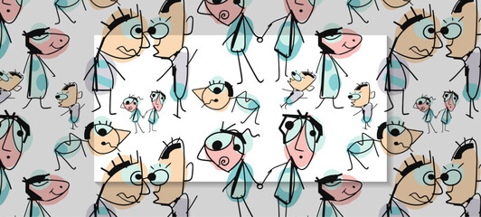 Illustration simple drawing, doodle art kid style. Abstract graphic design, seamless vector pattern with colorful and cute cartoon portrait for print, card, cover, banner, textile, background.