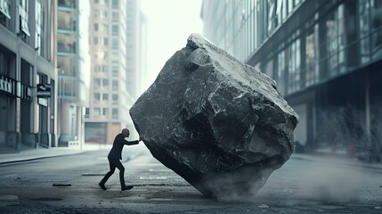 Man pushing a giant boulder in a desolate urban setting. Concept of challenge, perseverance....