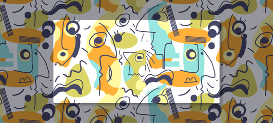 Illustration simple drawing, doodle art kid style. Abstract graphic design, seamless vector pattern with colorful and cute cartoon portrait for print, card, cover, banner, textile, background.