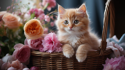 Happy cute kitten next to the different colored threads