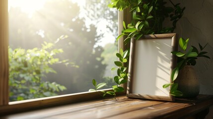 Sunlight filters through lush green leaves, casting dynamic shadows over a wooden frame and a textured pot on a window ledge.