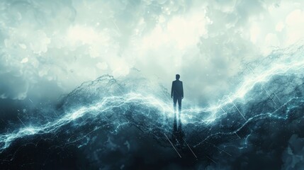 Fototapeta premium alone man standing on a cliff overlooking a stormy sea