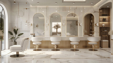 A salon with a white theme and a lot of mirrors