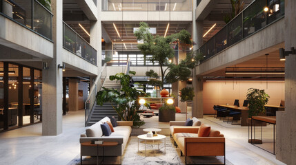 A large open space with a tree in the middle and several couches and chairs