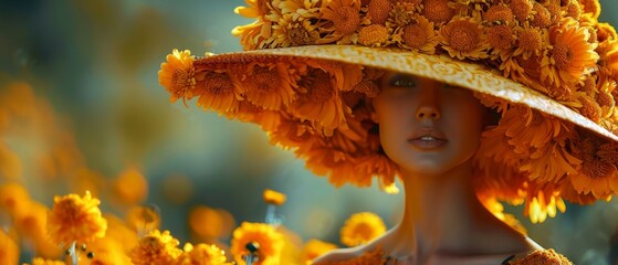 Photo of a woman with a large hat made of chrysanthemum i orange yellow - obrazy, fototapety, plakaty