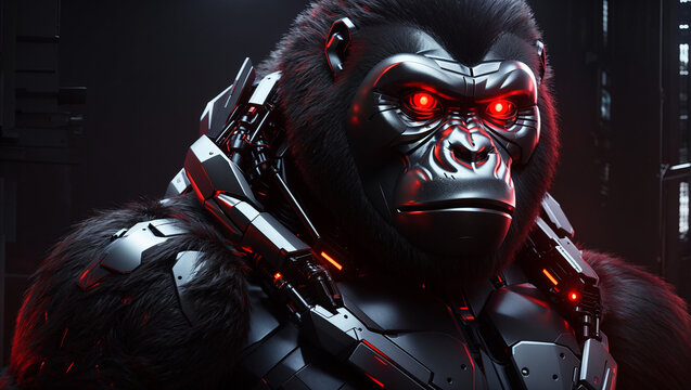 A robotic gorilla is shown with glowing red eyes and both hands on the ground, ready to charge. Its metallic body is black and silver and it has a red light glowing from the cracks in its armor. It is