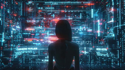 Back View of Woman Analyzing Digital Data Display