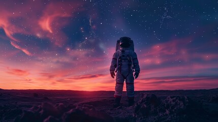 An astronaut standing on a distant planet, looking out at the stars.