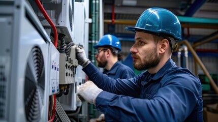 A team of electrical engineers work in front of an HVAC control panel. Technicians inspect air conditioning safety control systems.