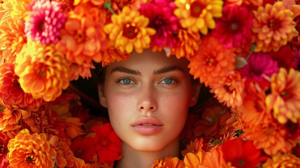 Girl in yellow and orange dandelion, model's face in dandelion. Portrait of a girl with autumn leaves