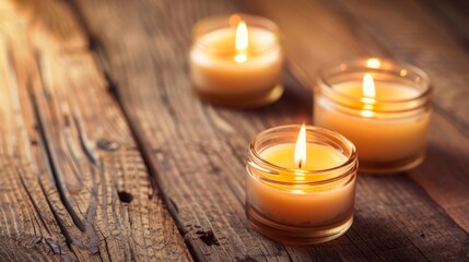 Fototapeta na wymiar Candles lit on a wooden tabletop