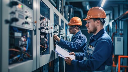 A team of electrical engineers work in front of an HVAC control panel. Technicians inspect air conditioning safety control systems.