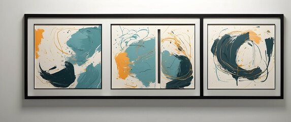 Framed triptych of abstract artwork featuring swirls of blue and orange on a white backdrop