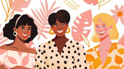Illustration with women of different nationalities in flat retro style, vintage 80s