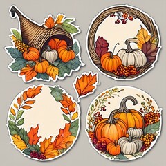 Circular Floral Wreath Stickers featuring illustrations of a cornucopia