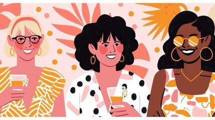 A company of women of different nationalities drink summer lemonade, drink label