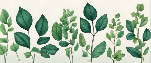 A set of diverse green watercolor plant leaves illustrated on a clean white background