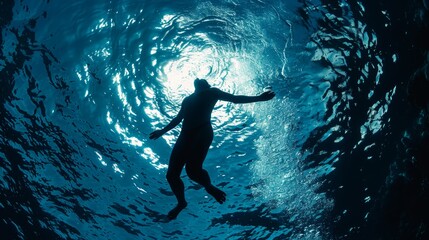 Fototapeta premium An underwater view of a person floating on their back, looking up at the surface of the water.
